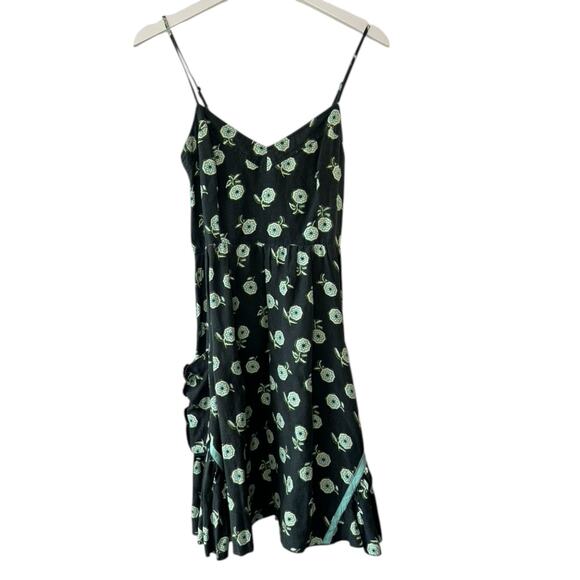 FREE PEOPLE Black & Green Floral Linen Sun Dress Pockets Size 4 - Picture 1 of 8